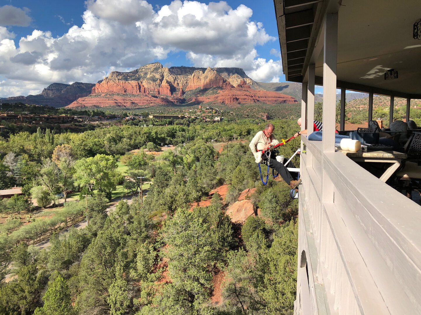 Panoramic Sedona red rock view from a balcony